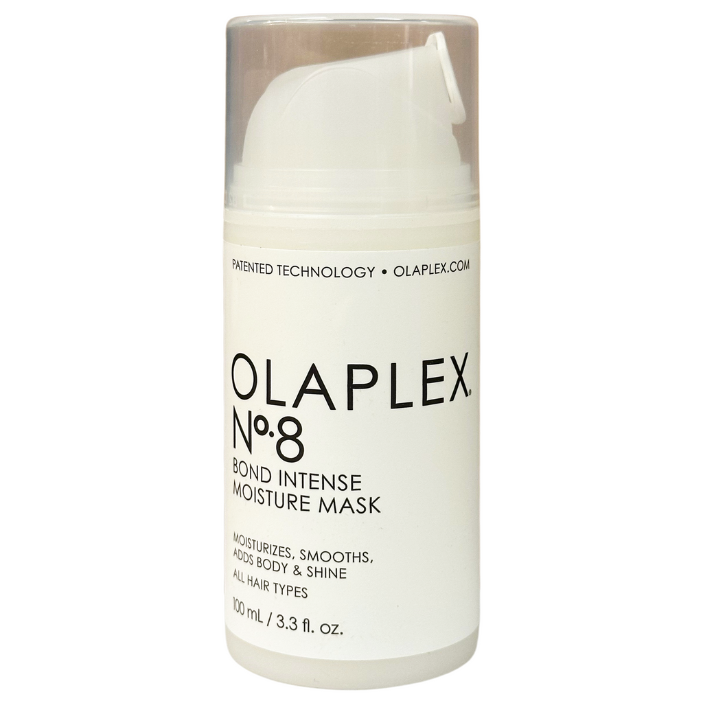 Olaplex No. 8 Bond Intense Hair Mask in a jar, designed for nourishing and repairing damaged hair, with a smooth, creamy texture.