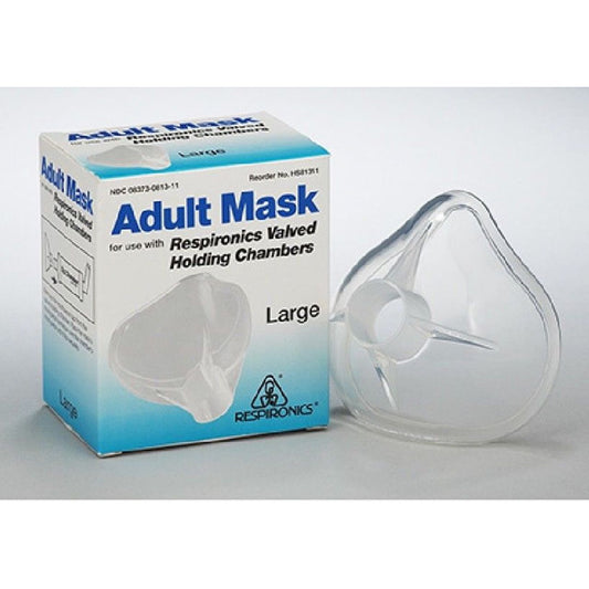 Large Optichamber Mask by Respironics, used for respiratory therapy, shown in packaging with clear mask and tubing.