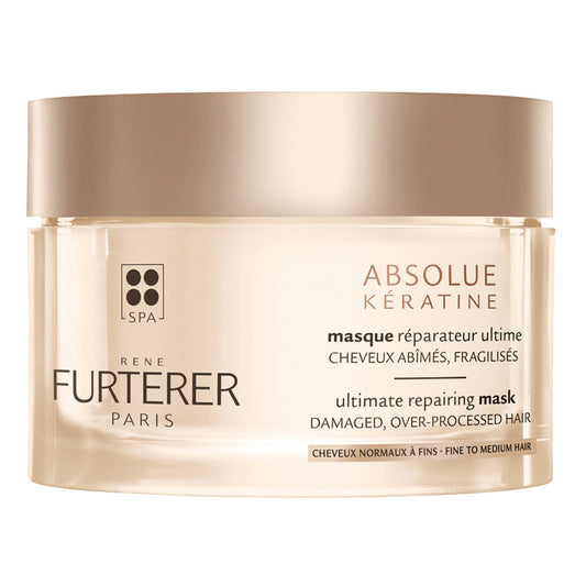 Rene Furterer Absolue Kératine hair mask for normal to fine hair in 200ml jar, visible packaging and product label.