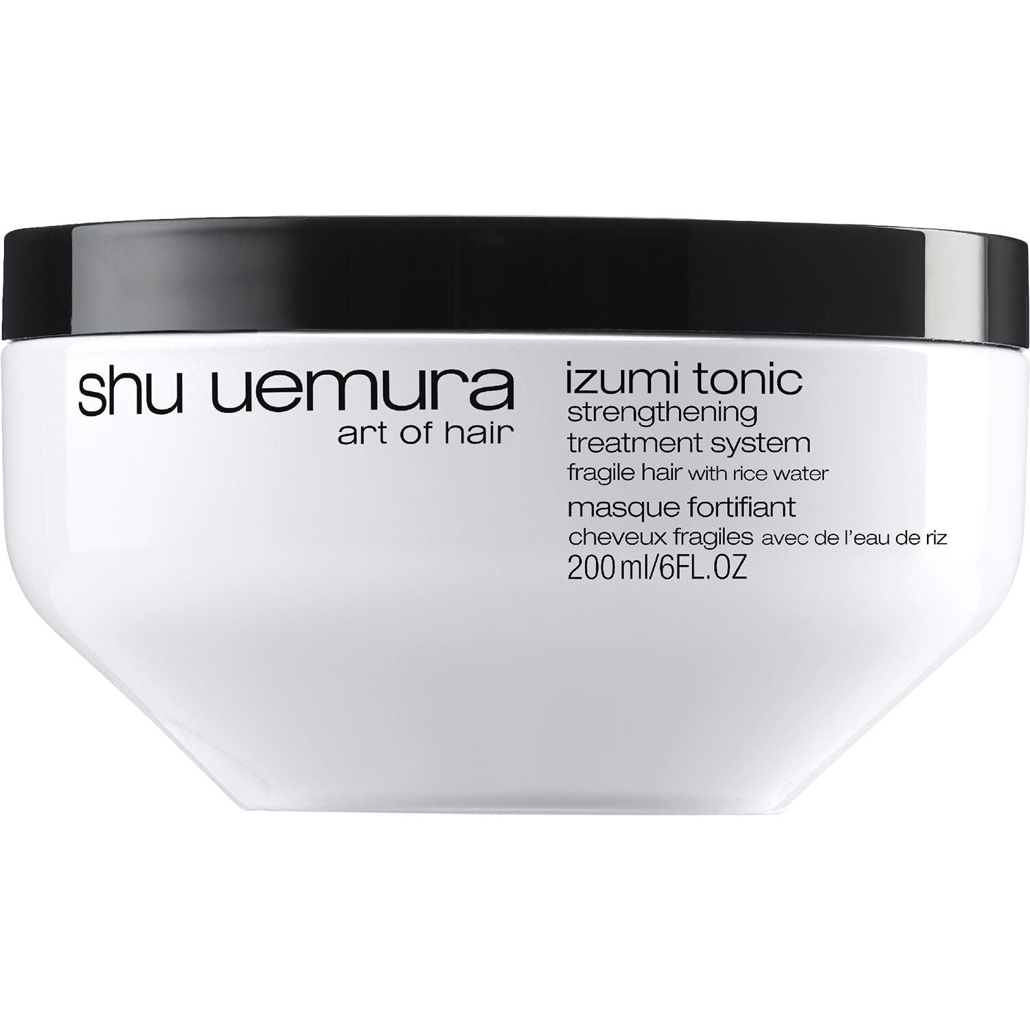 Shu Uemura Izumi Tonic Treatment 200ml bottle, a hair mask treatment with a sleek design and product label visible.