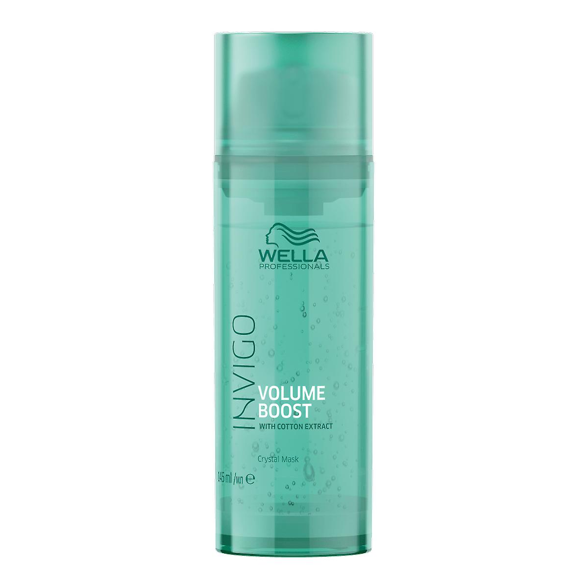 Wella Volume Boost Crystal Mask in 4.9 oz jar, hydrating hair mask for added volume and shine, displayed in a clear container.