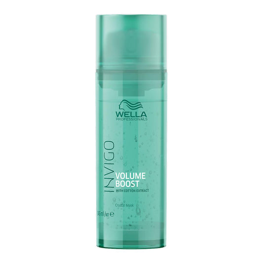 Wella Volume Boost Crystal Mask in 4.9 oz jar, hydrating hair mask for added volume and shine, displayed in a clear container.