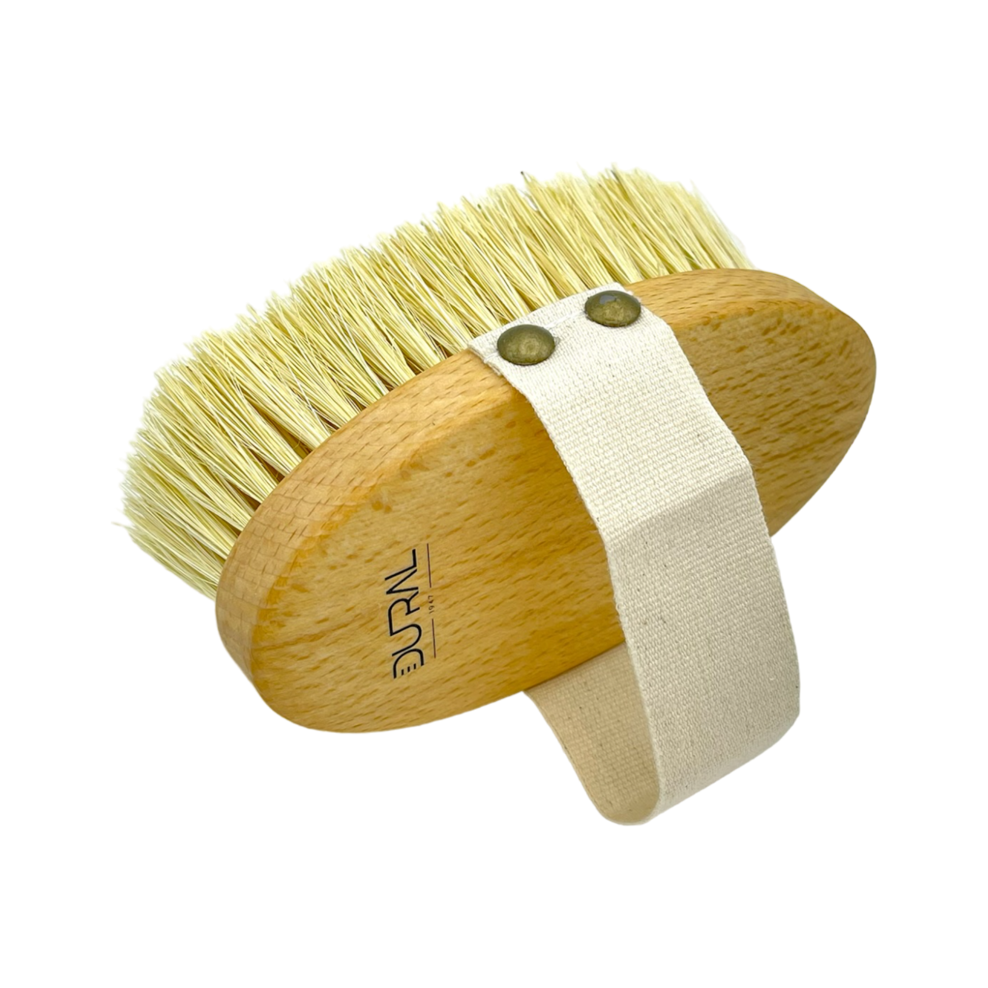 Dural beech wood massage brush with Tampico fiber bristles for exfoliating and relaxing skin care.