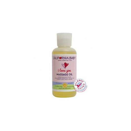 California Baby I Love You Massage Oil by Pasteur Pharmacy, 4.5 oz bottle, showing a clear glass bottle with massage oil inside.