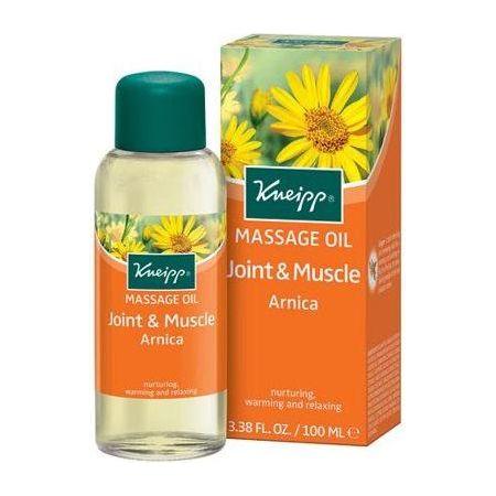 Kneipp Arnica Joint Muscle Relief Warming Massage Oil in 3.4oz bottle, natural remedy for sore muscles and joints.