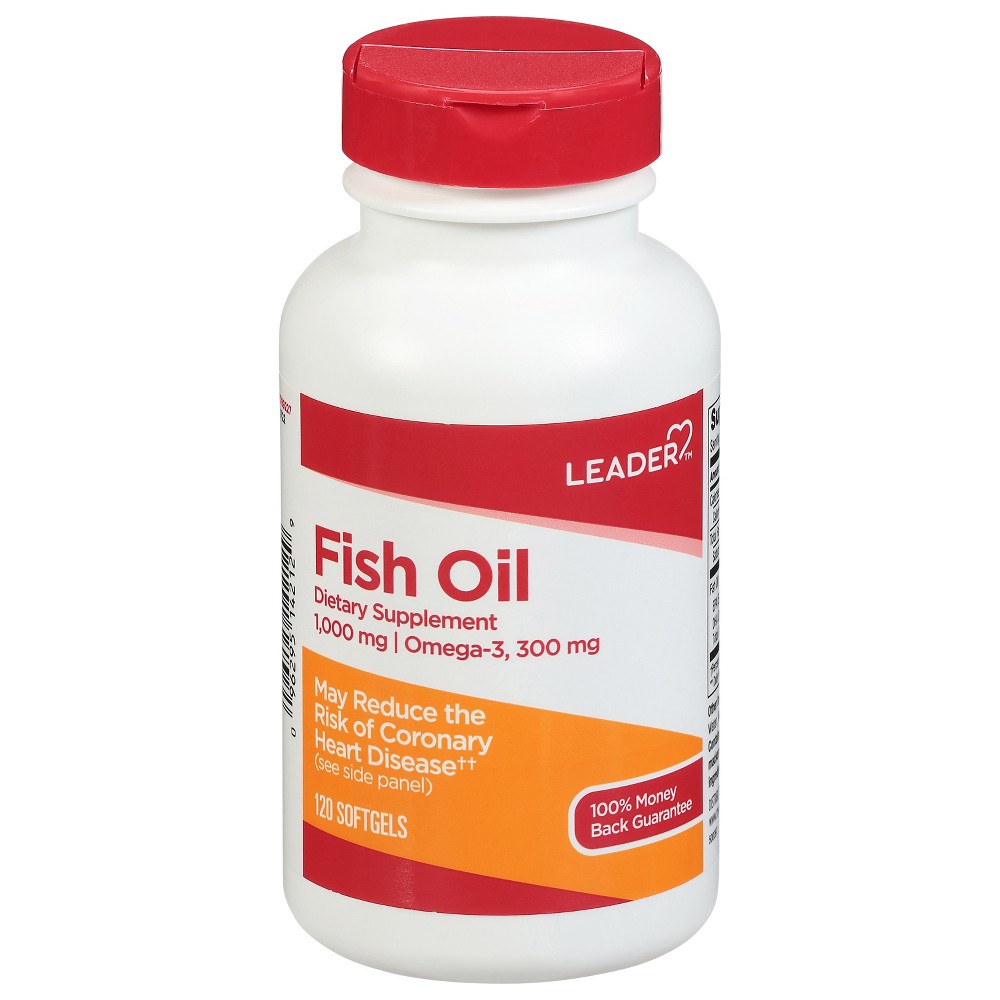Leader Fish Oil 1000 mg softgels from Pasteur Pharmacy, shown in a bottle, used as a dietary supplement for healthy omega-3 intake.