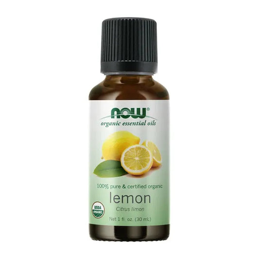 Organic lemon essential oil massage oil in a 30ml bottle by NOW, natural and aromatic for soothing massage sessions.