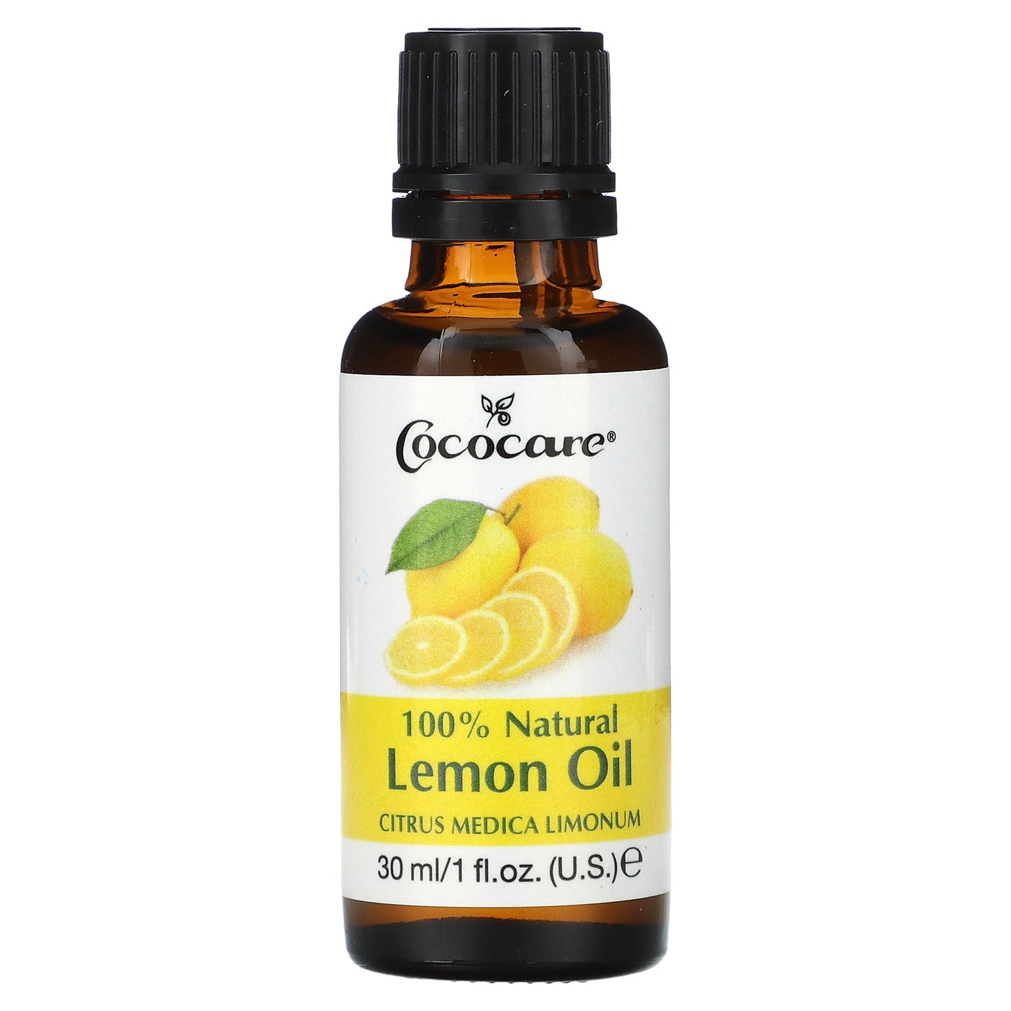 Cococare 100% Natural Lemon Oil for massage and relaxation, 1 fl oz (30 ml), in a clear glass bottle with a lemon illustration