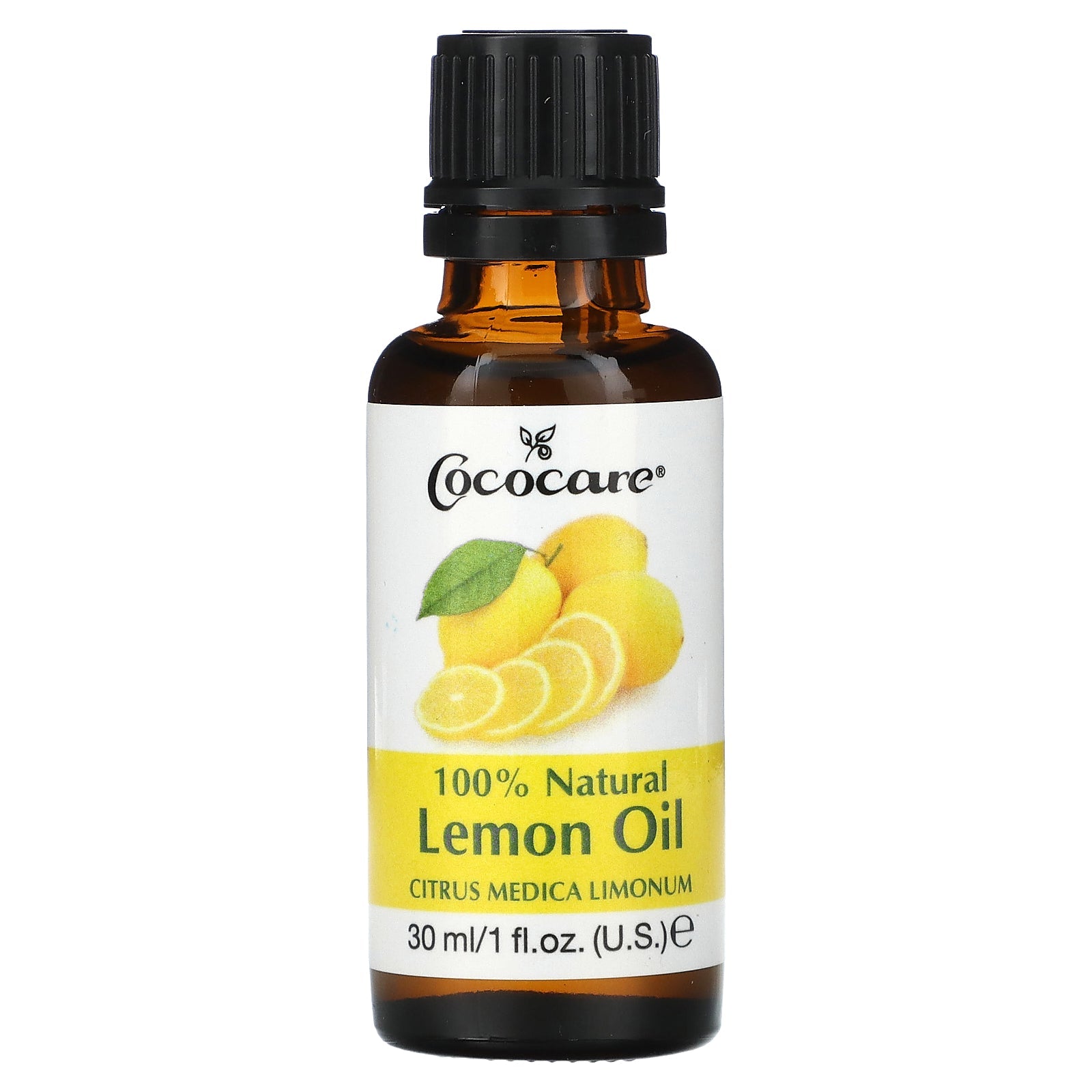 Cococare 100% Natural Lemon Oil for massage and relaxation, 1 fl oz (30 ml), in a clear glass bottle with a lemon illustration