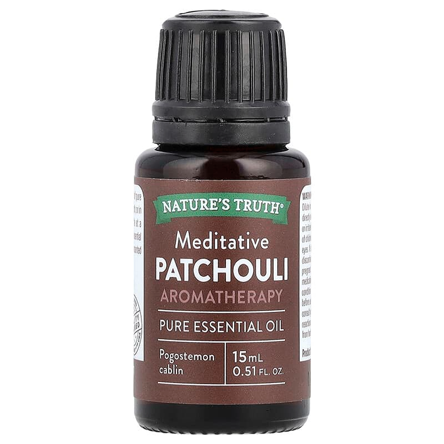 Pasteur Pharmacy Nature's Truth Patchouli Essential Oil for aromatherapy and meditation in a 0.51 fl oz bottle.