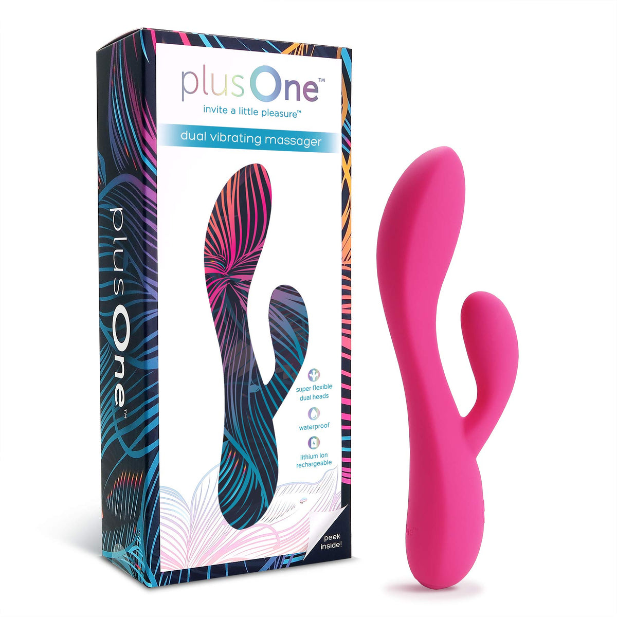PlusOne dual vibrating massager by Pasteur Pharmacy shown in a close-up image, highlighting its sleek design and dual vibrating features.