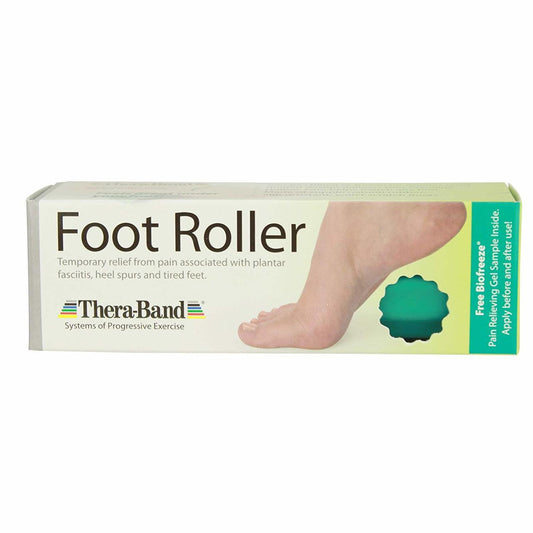 TheraBand Pain Relief Foot Roller massager with textured surface for foot pain relief and muscle relaxation.