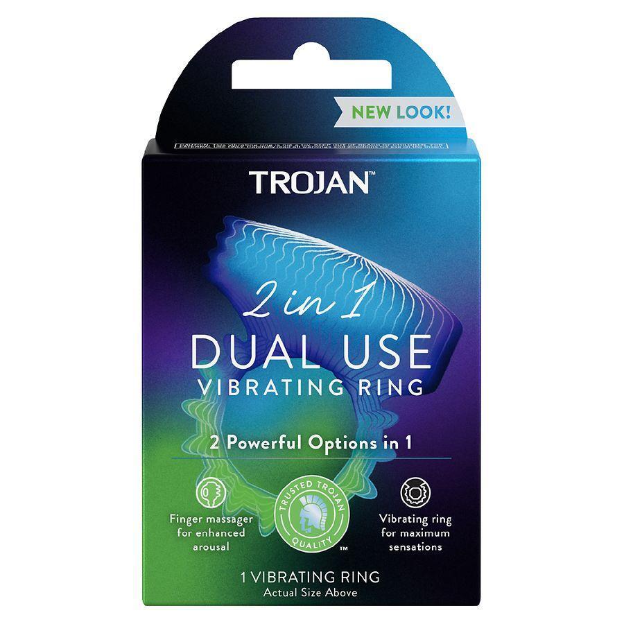 Trojan Vibrations 2-in-1 vibrating ring and finger massager by Pasteur Pharmacy, compact and flexible personal massager.