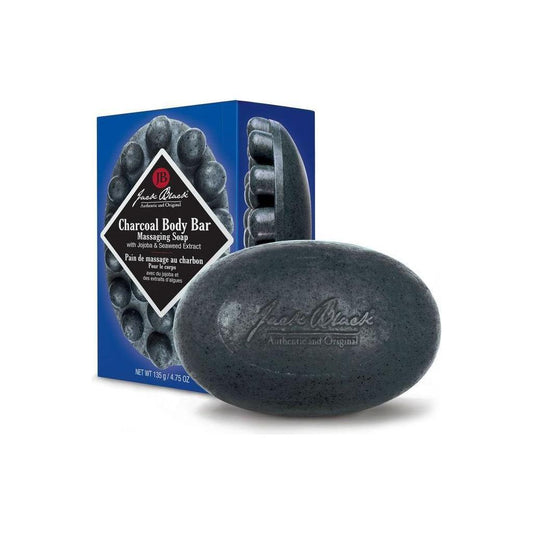 Jack Black Charcoal Body Bar Massaging Soap in 135g, featuring black charcoal for deep cleansing and soothing massage benefits.