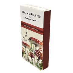 Box of Via Mercato Matches by Pasteur Pharmacy, showing wooden matches with striking surface and packaging.