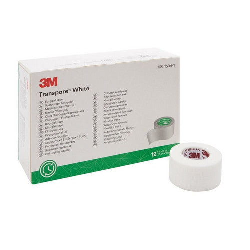 White 3M Transpore medical tape, 1 inch by 10 yards, plastic non-sterile tape in box of 12, used for medical application.