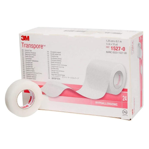 3M Transpore plastic medical tape 1/2 inch by 10 yards, transparent, in a box of 24 rolls, used for medical wound care.