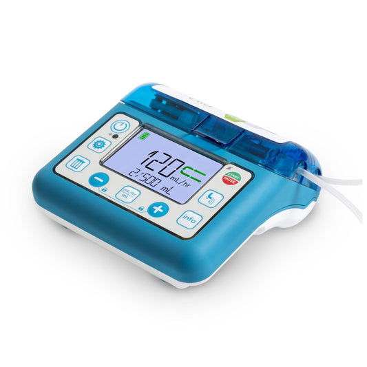 Medical compat enteral feeding pump by Pasteur Pharmacy, model 199325, with display screen and tubing connection visible.