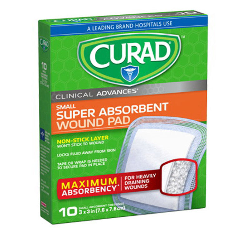 Pasteur Pharmacy Curad Clinical Advances super absorbent polymer wound pad for medical wound care, shown with sterile packaging.