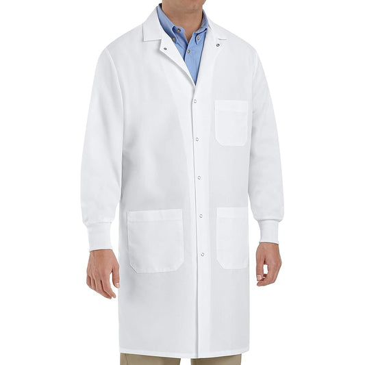 Pack of 10 disposable medical lab coats with knitted collar and cuffs, size medium, by Pasteur Pharmacy.