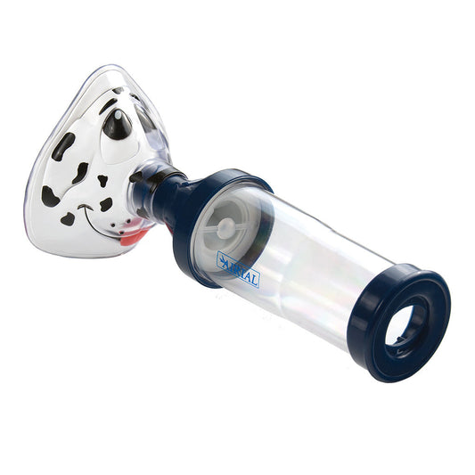 Drive Medical Spotz Mask with MDI Chamber for medical use, shown with adjustable straps and clear mask body.