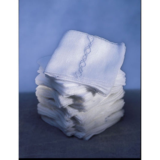 Sterile 4x4 inch gauze pads from Dukal Corp, 12-ply medical gauze for wound care, displayed on a medical surface.
