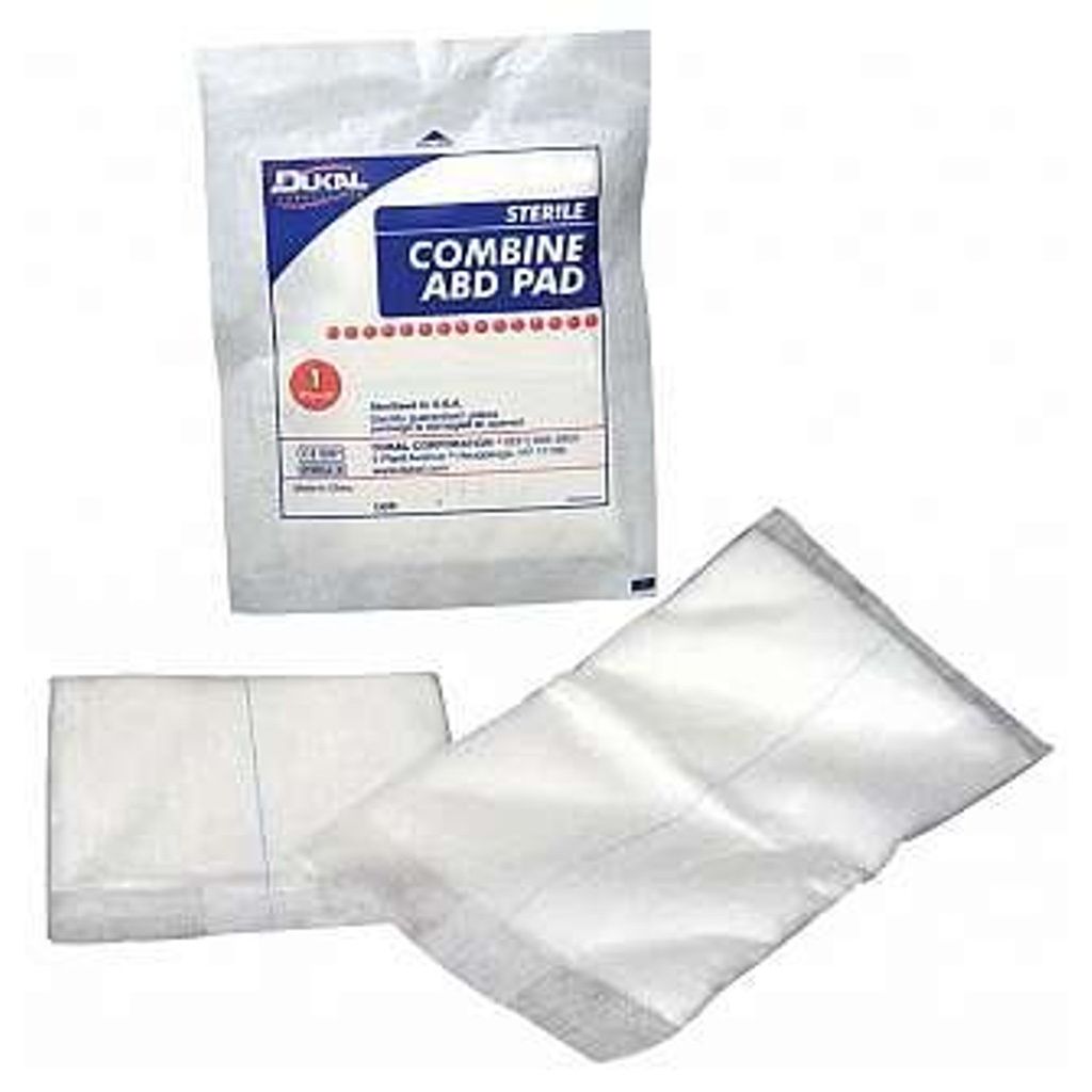 Sterile ABD pad by Dukal Corp, 8x7.5 inches, model 5875, shown in tray of 20 for medical wound care use.
