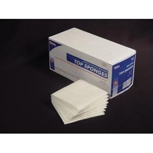 Sterile Dukal 4x4 sponge pads for medical use, arranged in packs of 2, shown in a medical supply setting.