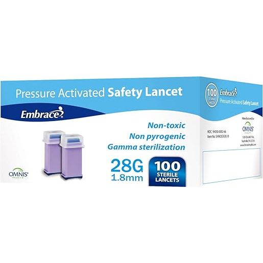 Embrace 100-count safety lancets by Pasteur Pharmacy, medical devices with protective safety features for blood sampling.