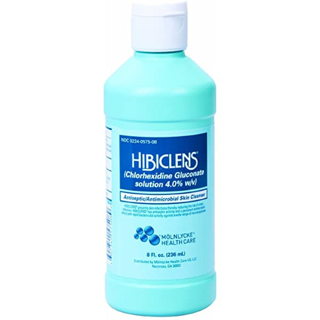 Hibiclens Skin Cleanser antiseptic and antimicrobial in an 8 oz bottle, used for medical skin cleansing by Pasteur Pharmacy.
