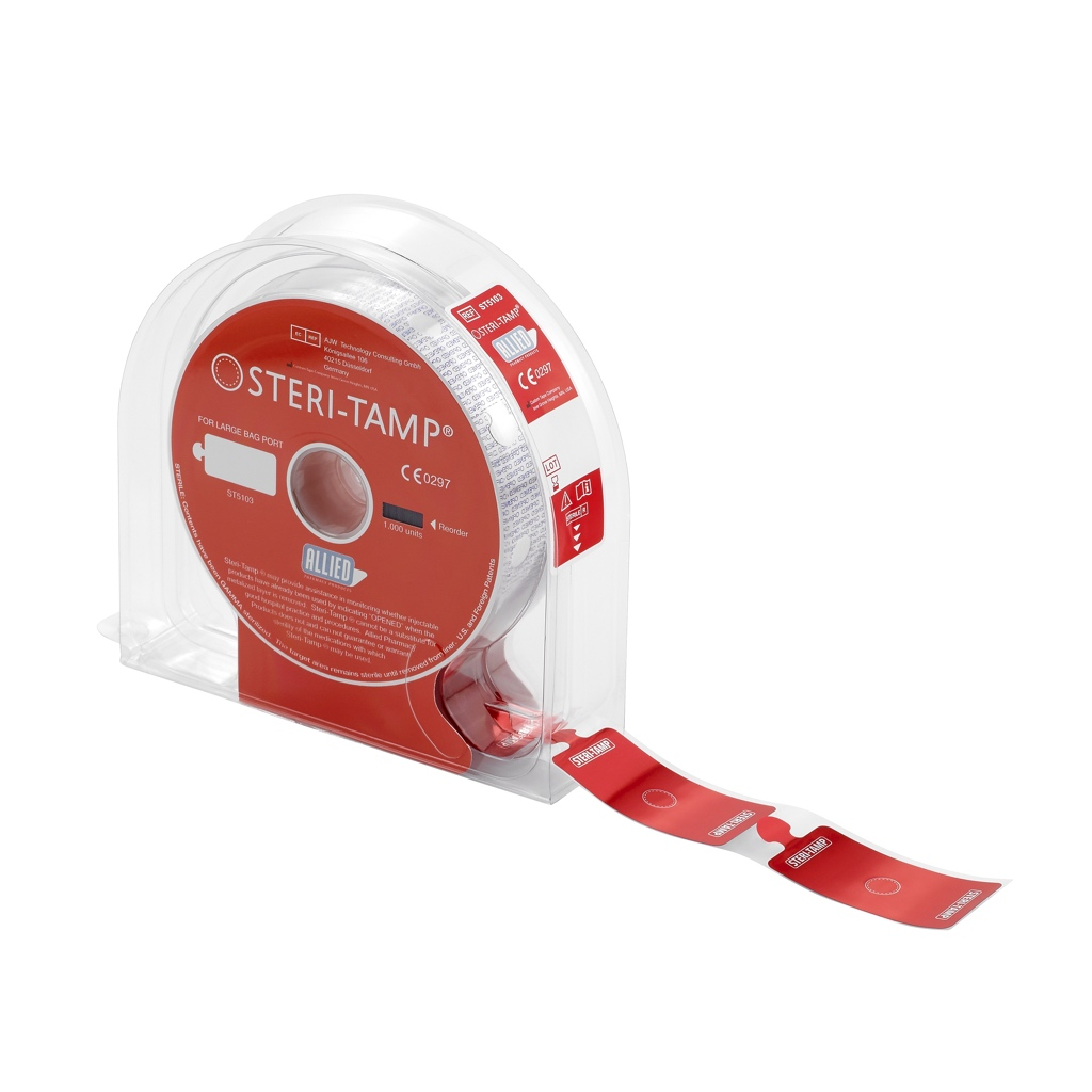Red IV bag port seal from Pasteur Pharmacy, medical device for secure IV line access and infection control.