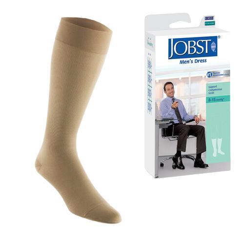 Jobst men's khaki knee-high dress socks with closed toe, size large, designed for medical support and comfort.