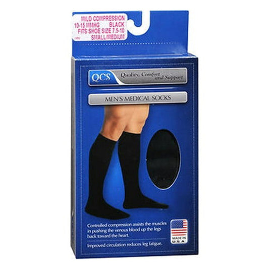 Loving Comfort black knee-high men's compression dress socks with closed toes, size small/medium, designed for medical support.