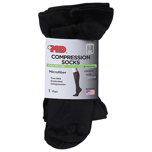 Black MD Microfiber Over-the-Calf Compression Socks by Pasteur Pharmacy, medium size, designed for medical support and comfort.
