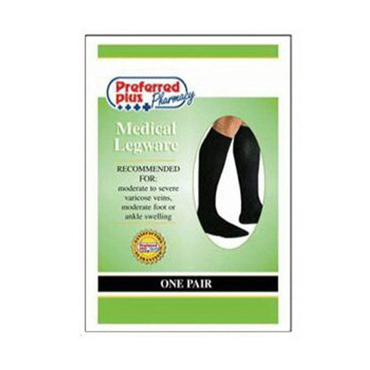 Pair of navy Qcs Preferred Plus Medical Legwear men's socks by Pasteur Pharmacy, designed for medical support, 20-30 mmHg compression.