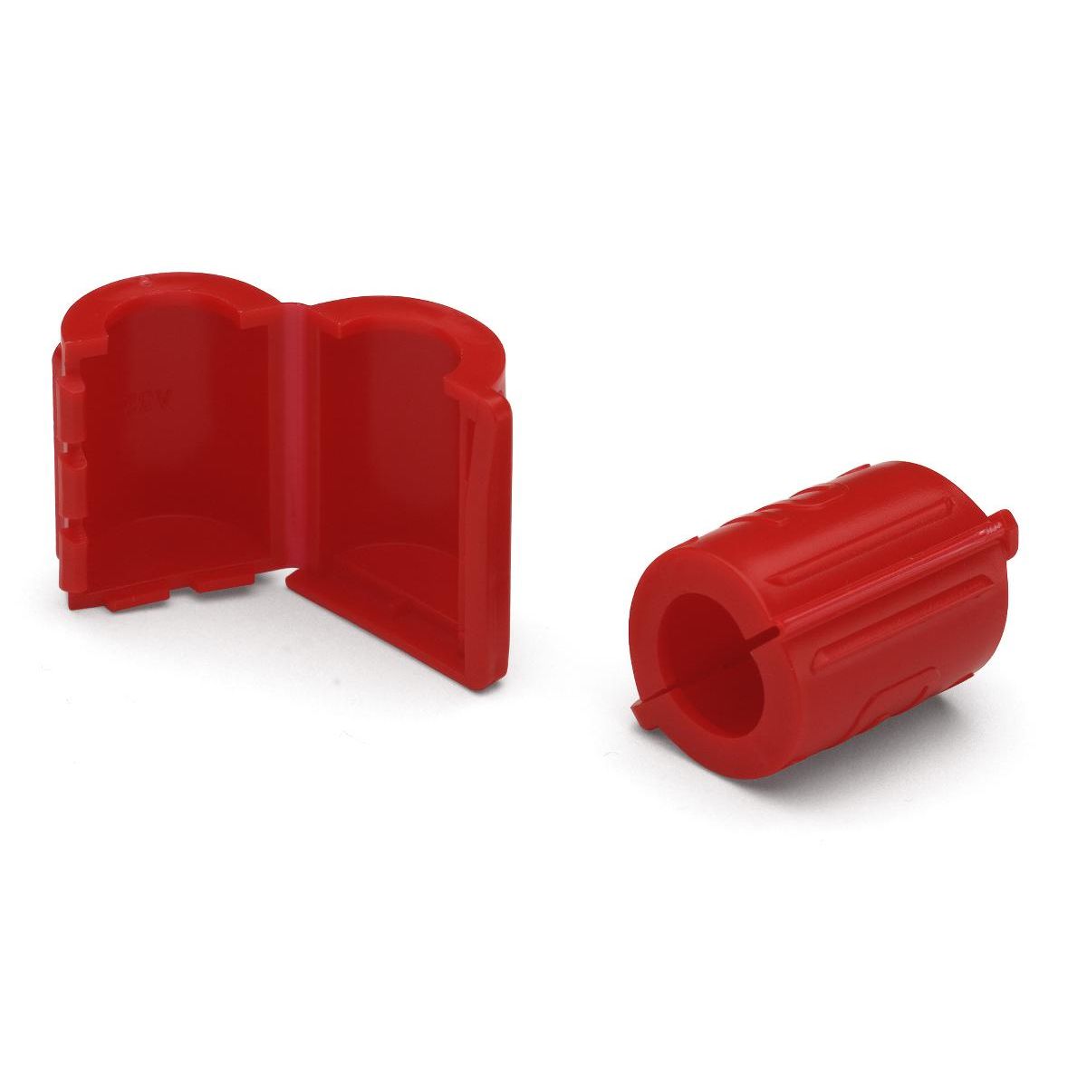 Red tamper-evident port caps for IV lines from Pasteur Pharmacy, shown in a 100-count bag, used to secure and protect IV ports.