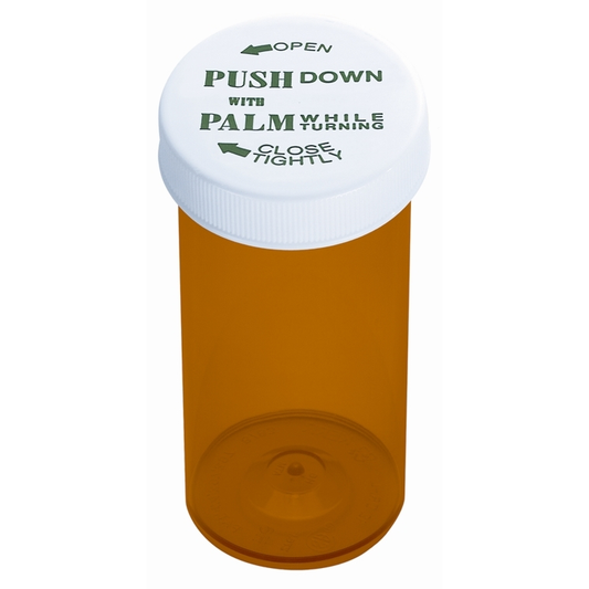 Set of 180 Pasteur Pharmacy Revitalize™ amber medical vials, 20 dram size with CRC safety caps for laboratory use.