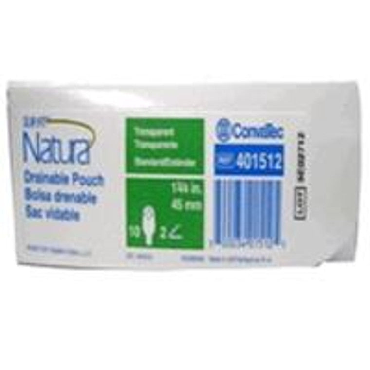 Transparent Sur-Fit Natura drainable pouch for medical use, 10 count, designed for secure ostomy waste collection.