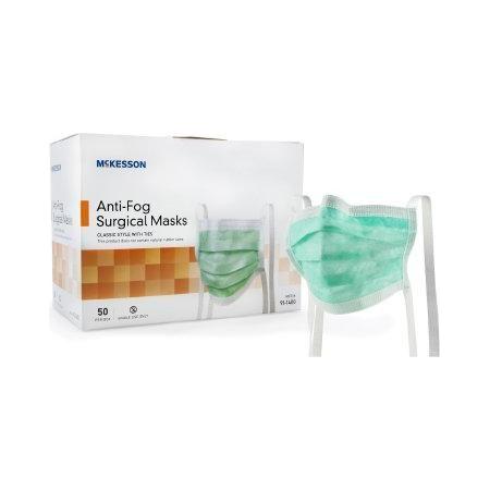Green McKesson Level 1 medical face masks with pleats, ties, non-sterile, 50-count for healthcare protection.