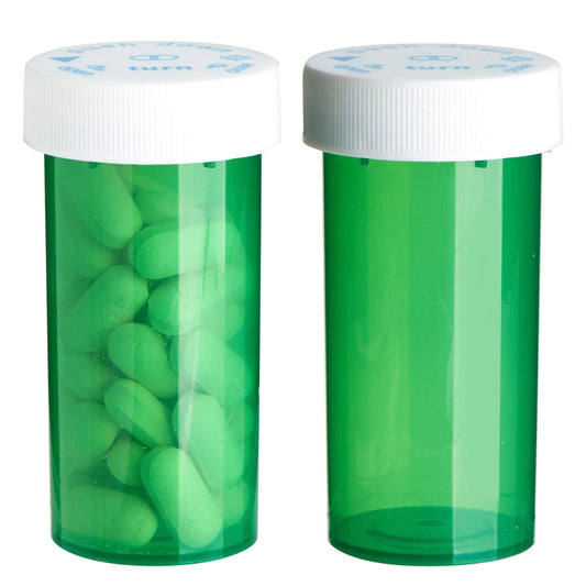 Green 1-Clic™ Clear-Vu child-resistant vials for prescriptions, 13 dram, 200-count medical supply by Pasteur Pharmacy.