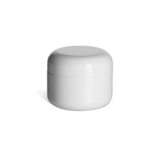 1 oz double wall plastic jar with lid for medical supplies, made by Pasteur Pharmacy, shown in case of 144 units