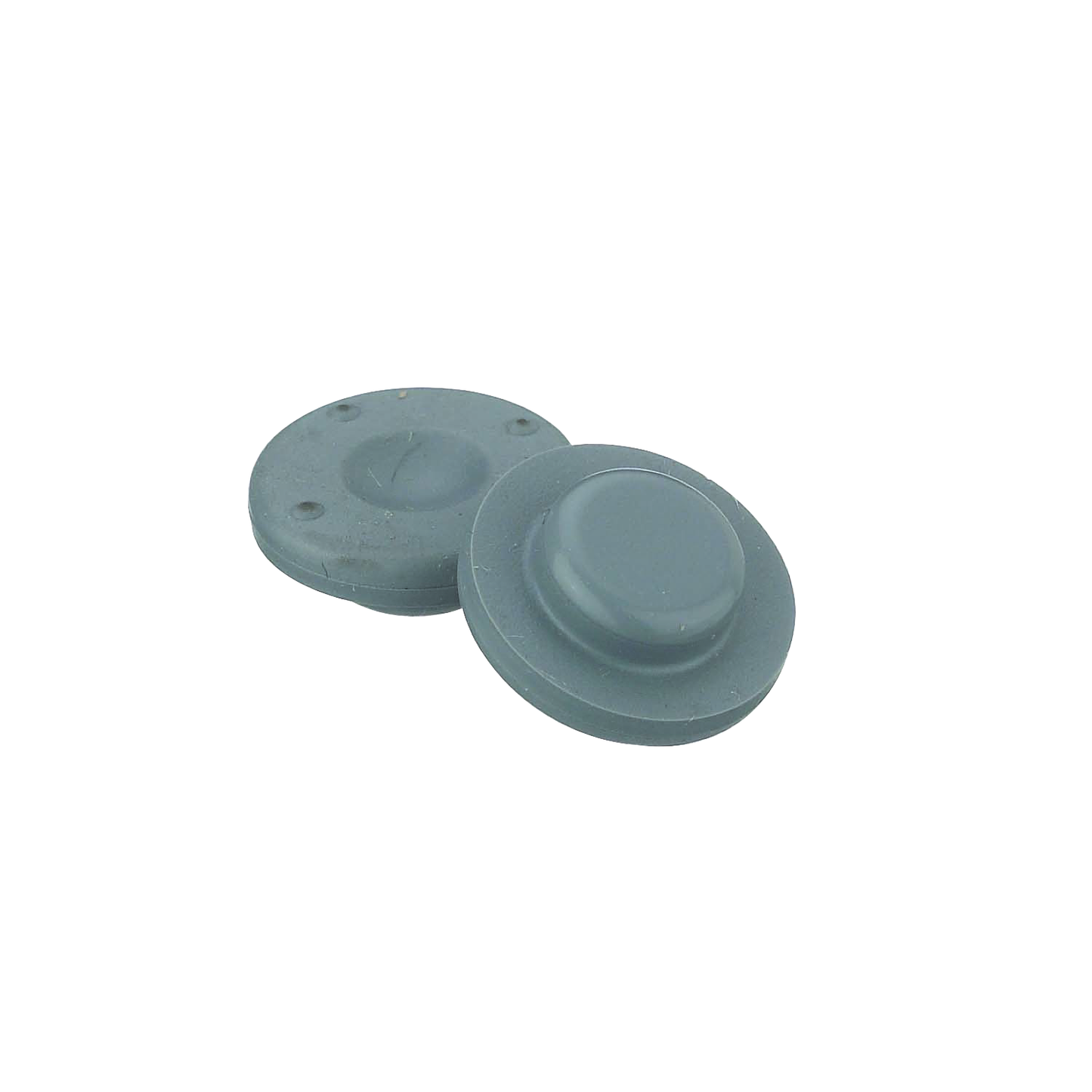 Grey 13mm chlorobutyl rubber stopper with 2-prong leg, designed for medical supplies, in a 1,000 count package.