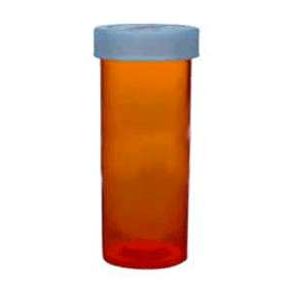 Amber 8-dram child-resistant prescription vial with cap from Pasteur Pharmacy, medical supply for safe medication storage.