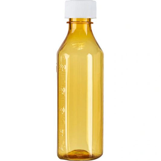 Amber oval ColorSafe bottle by Pasteur Pharmacy, 4 oz medical supply with caps, used for storing liquids or medications.
