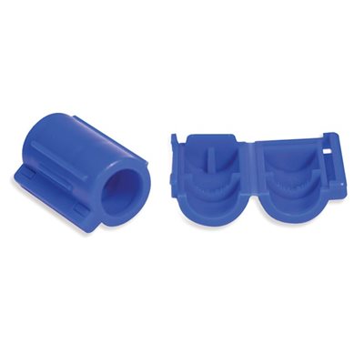 Blue tamper-resistant add-port caps for medical supplies, 100-count pack by Pasteur Pharmacy, shown on medical storage surfaces.