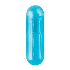 Aqua blue Capsugel Coni-Snap hard gelatin capsules, Size #1, in a large 1,000 count container, used for medical supplement packaging.