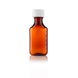Set of 72 Centor 4 oz. amber glass oval bottles with child-resistant caps for medical supplies, arranged in a case.