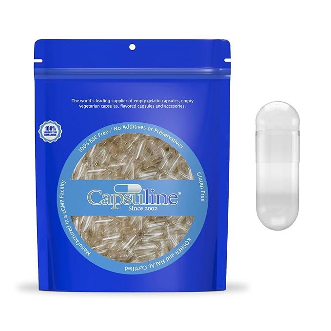 Clear Size 00 gelatin capsules by Capsuline, 1000-count, empty gelatin capsules for medical use, displayed in a pile.
