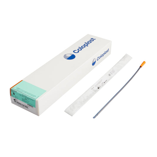 Coloplast Self-Cath Coude Olive Tip Urethral Catheter, uncoated PVC, 16 Fr, 16-inch medical supply for urinary catheterization.