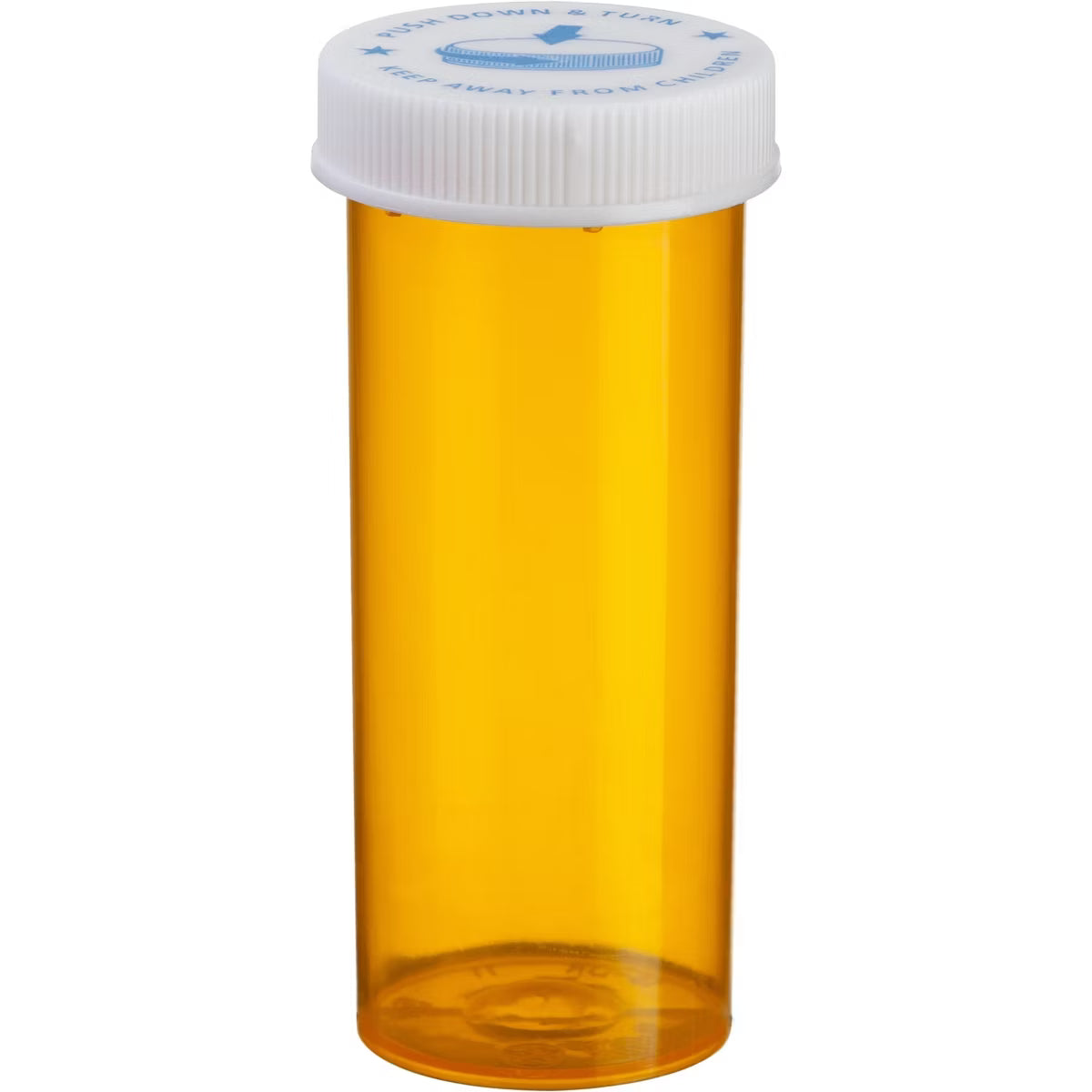 ColorSafe Amber prescription vial with 8 dram capacity and child-resistant cap, designed for secure medication storage.